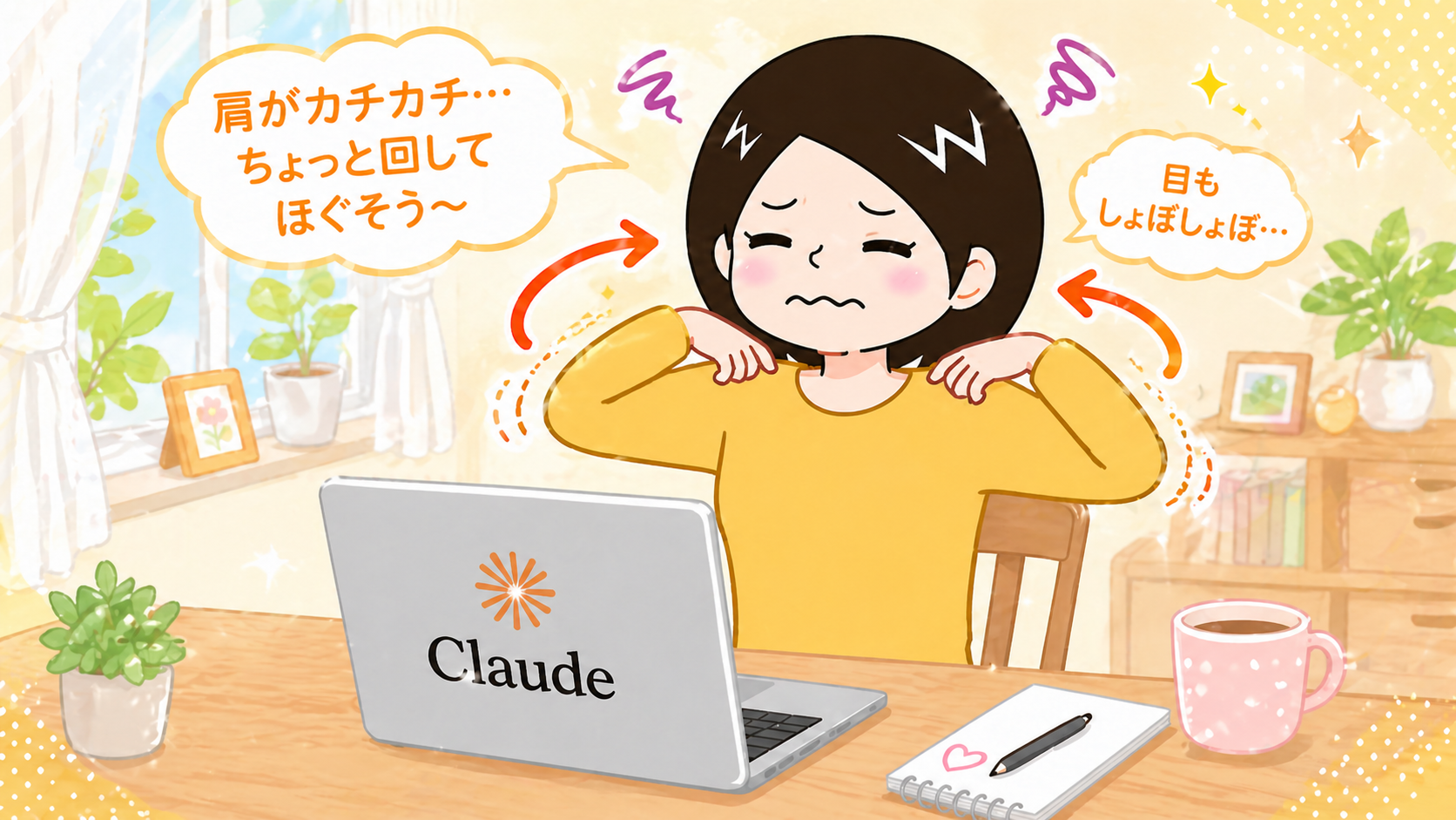 パソコン作業で疲れた40代主婦のイラスト