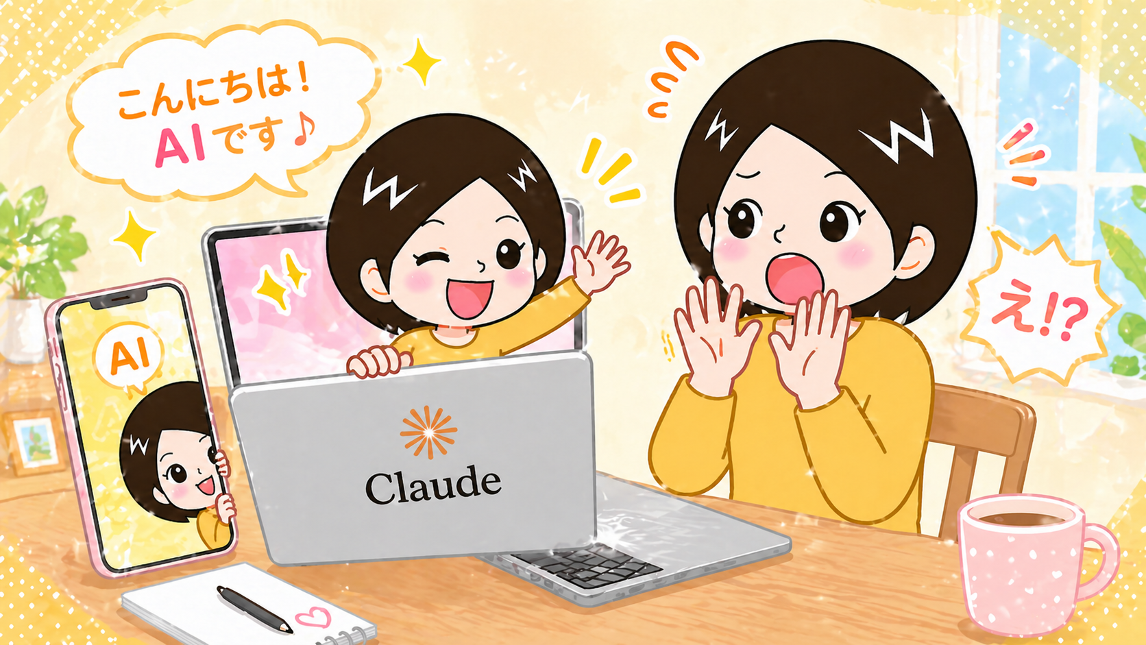 AIのクロードと出会った主婦のイラスト