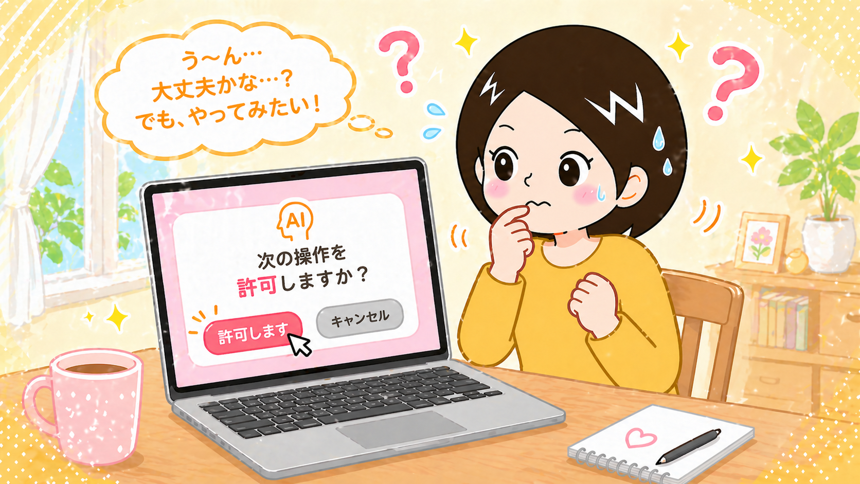 AIのセキュリティに不安を感じる主婦のイラスト