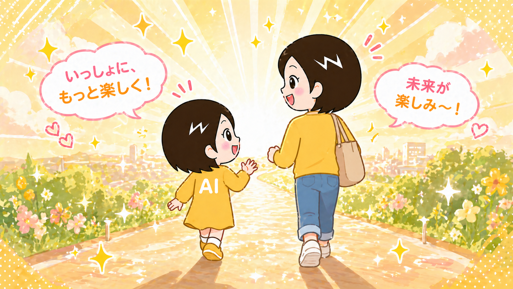 AIと一緒に未来へ歩く主婦のイラスト