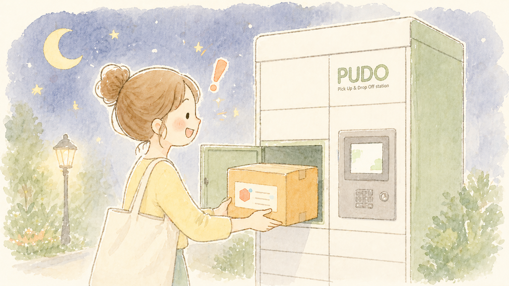 PUDOロッカーから荷物を発送する主婦のイラスト