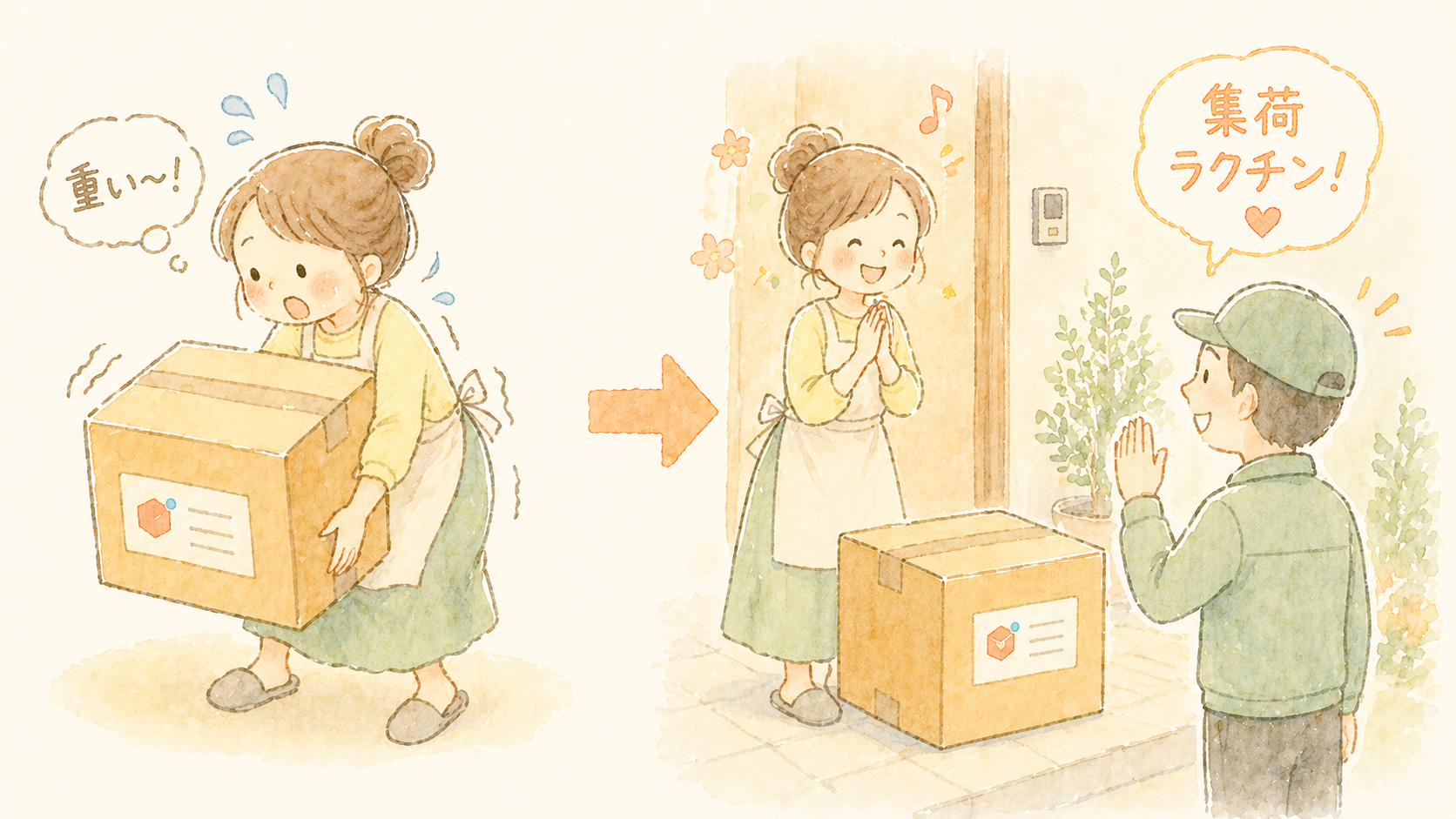 重い荷物も集荷ならラクチン！集荷を喜ぶ主婦のイラスト