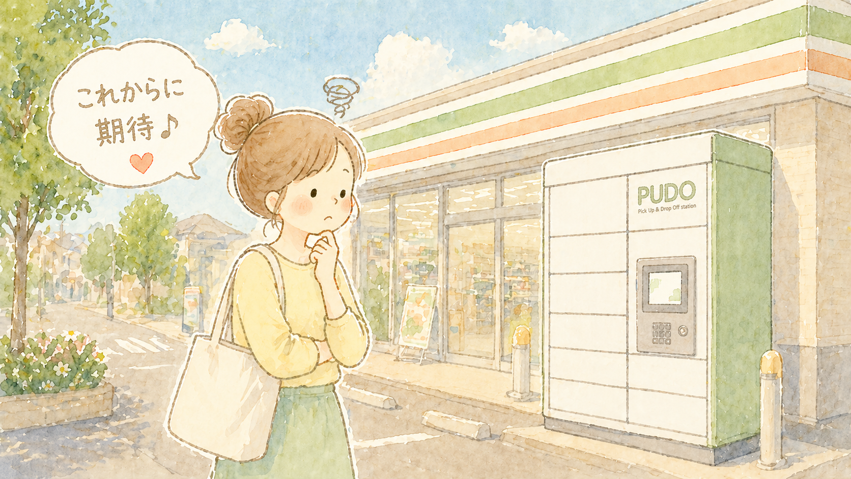 セブンイレブンのPUDOロッカーの前で「これからに期待♪」と思う主婦のイラスト