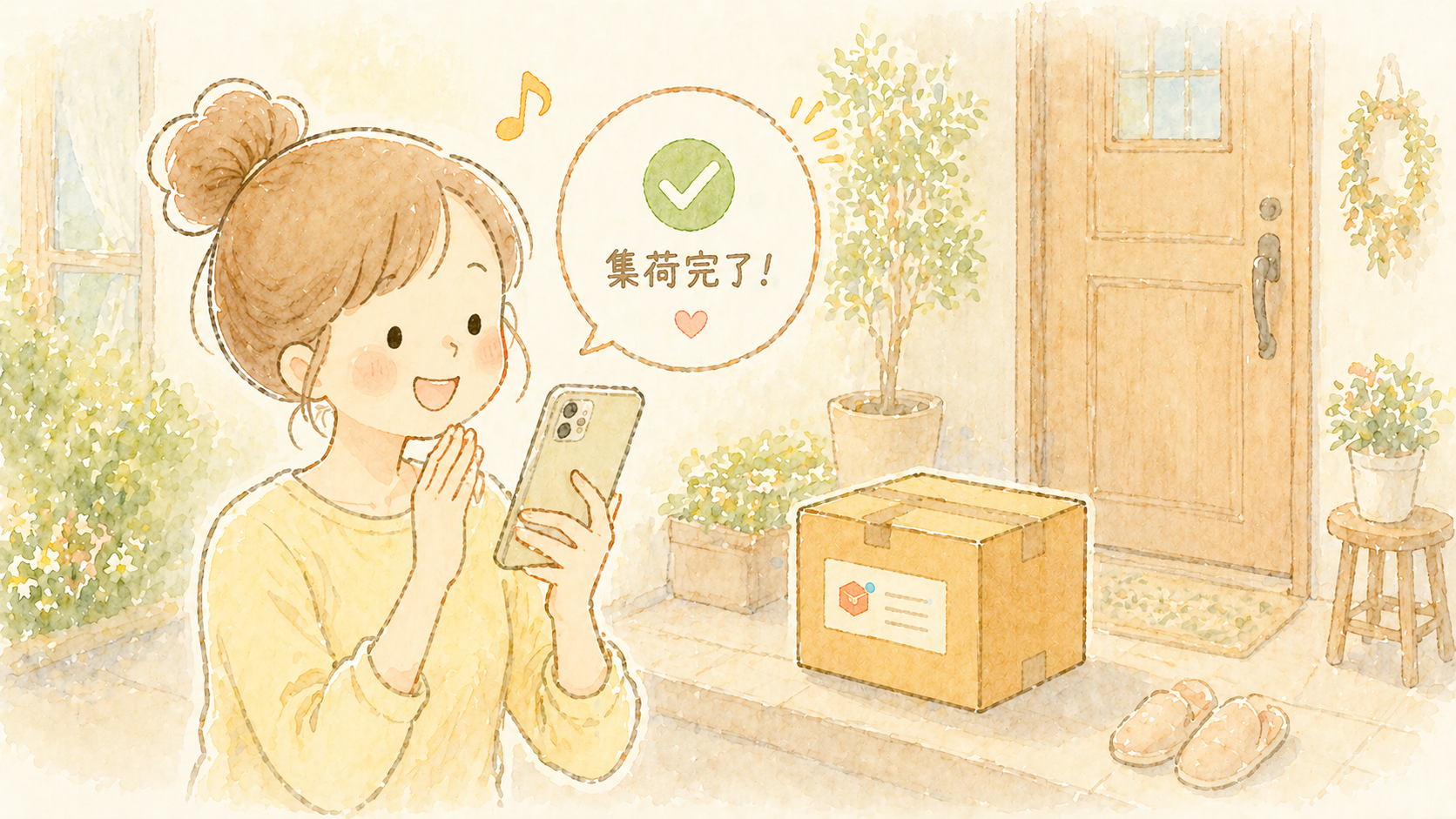 集荷完了の通知をスマホで見て喜ぶ主婦のイラスト