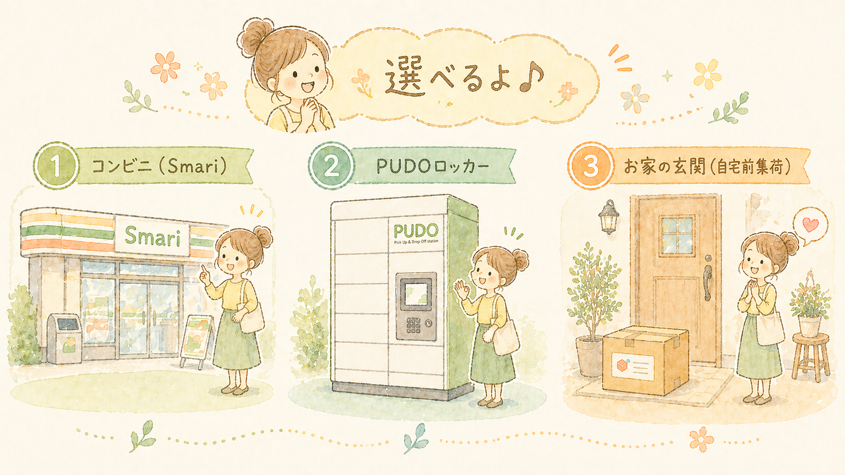 エコメルカリ便の3つの発送場所（Smari・PUDO・自宅前集荷）の比較イラスト