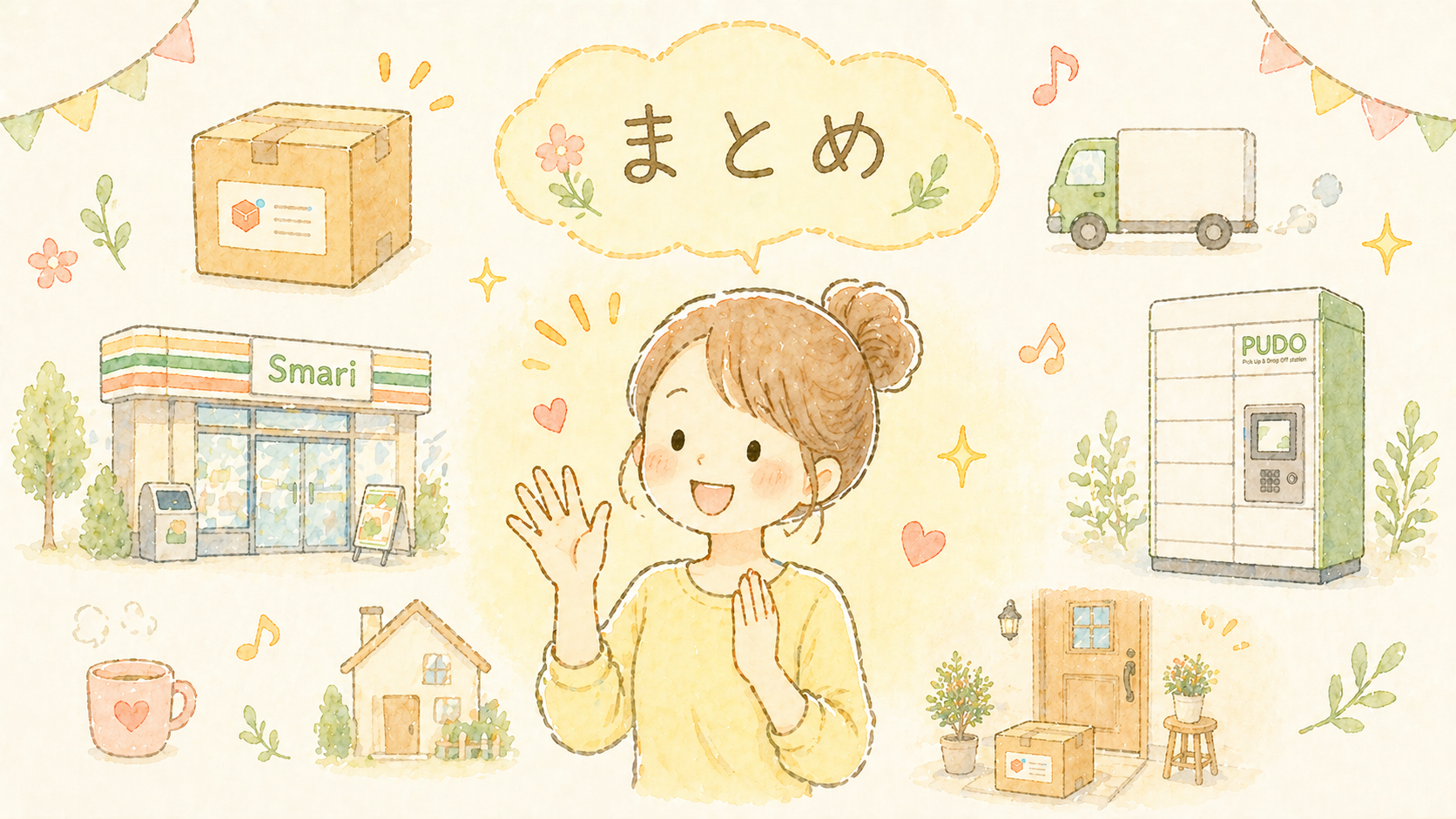 エコメルカリ便のまとめ。手を振る主婦のイラスト