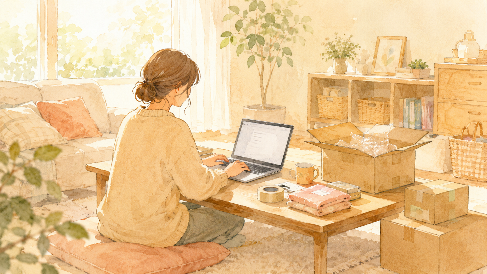 在宅で物販の仕事をする主婦のイラスト